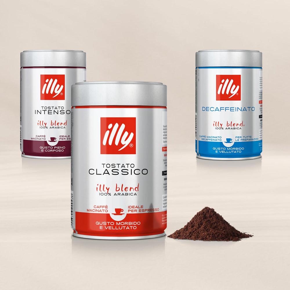 illy 100% Arabica decaf highlighting smooth flavor and warm caramel with every cup.