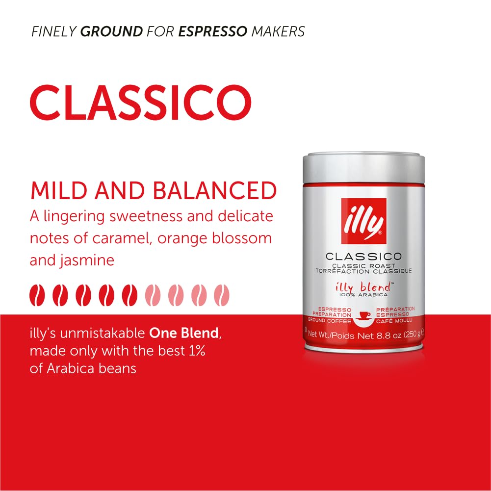 Illy Classico ground coffee close-up shows precise roast for espresso.