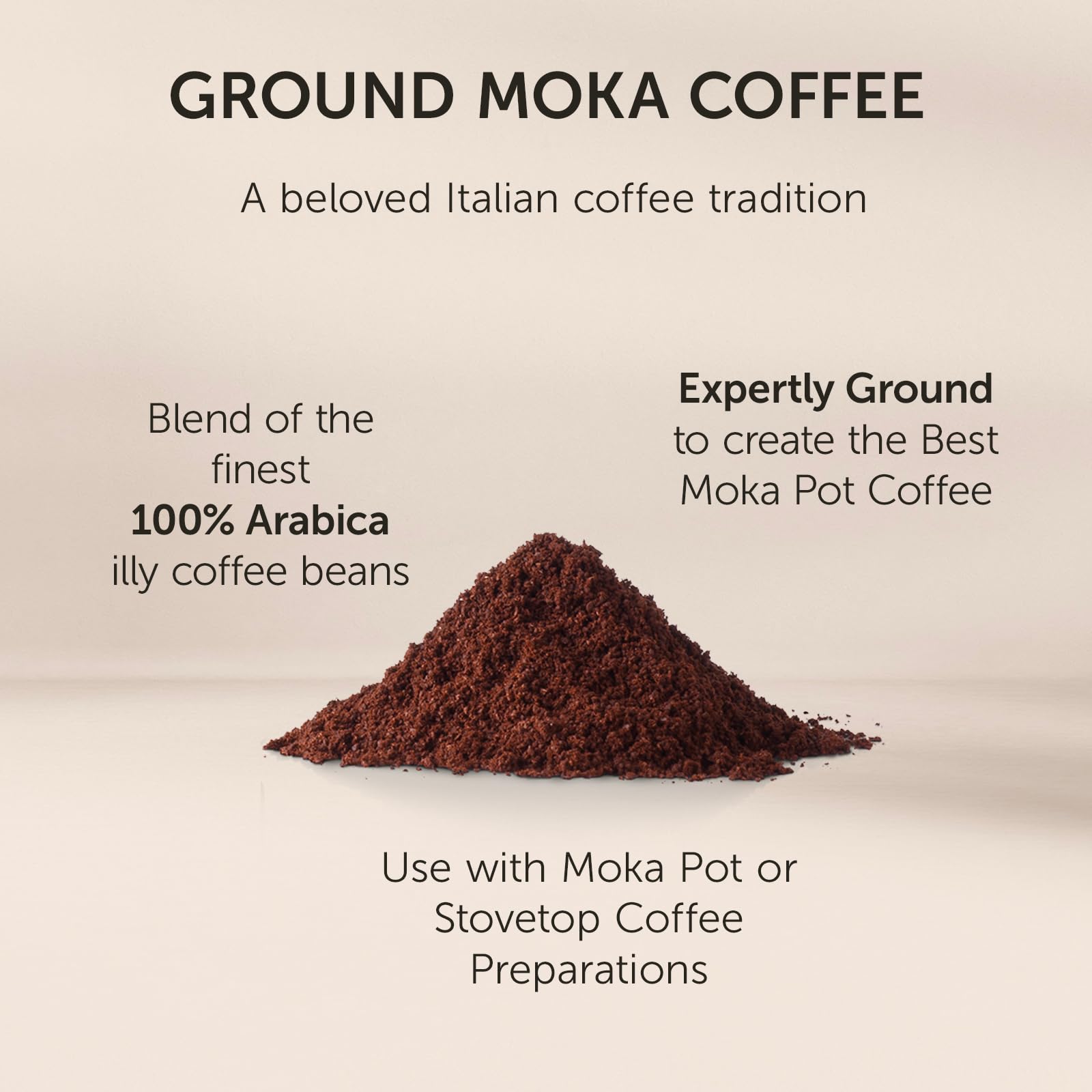 illy ground moka coffee can label emphasizes sustainable sourcing and quality.