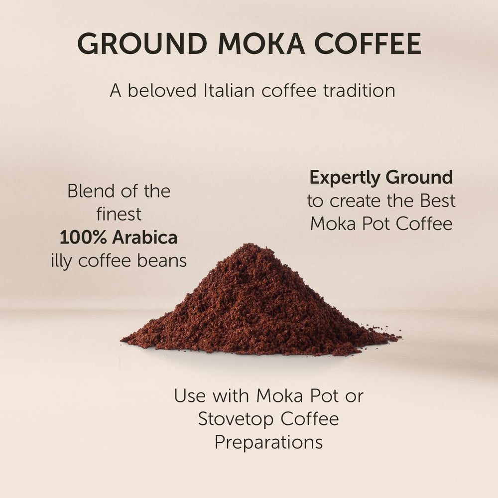illy ground moka coffee can label emphasizes sustainable sourcing and quality.