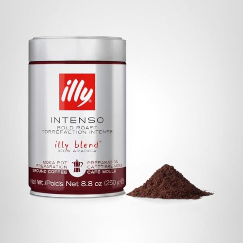 illy ground moka coffee beside a morning cup invites a premium ritual.