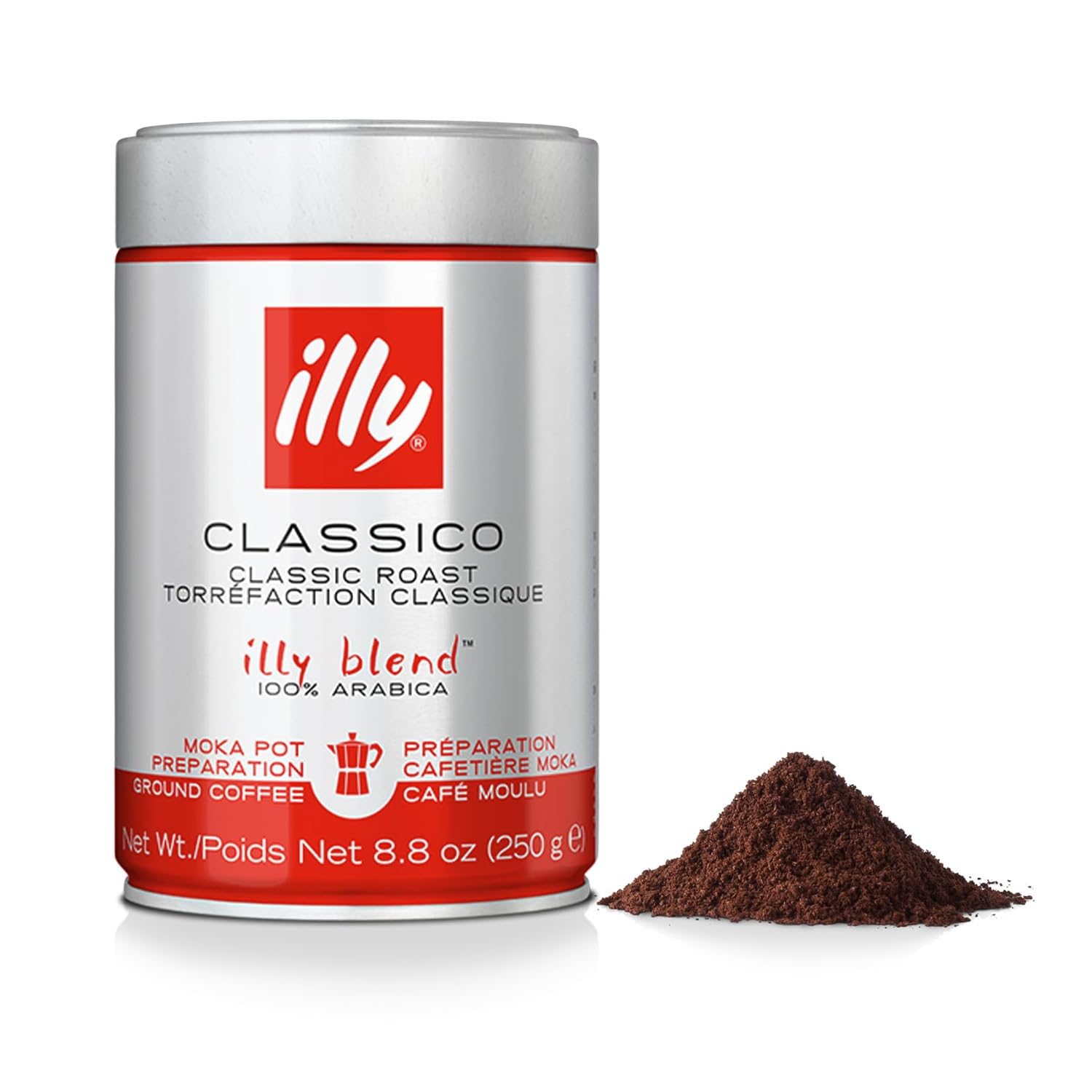 Illy ground moka pack front shows premium Arabica blend for daily ritual.