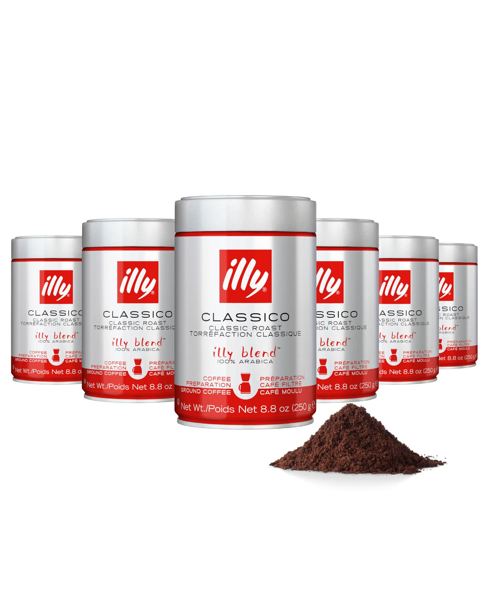 Illy Ground Drip Coffee Classico six-pack with sealed cans for freshness