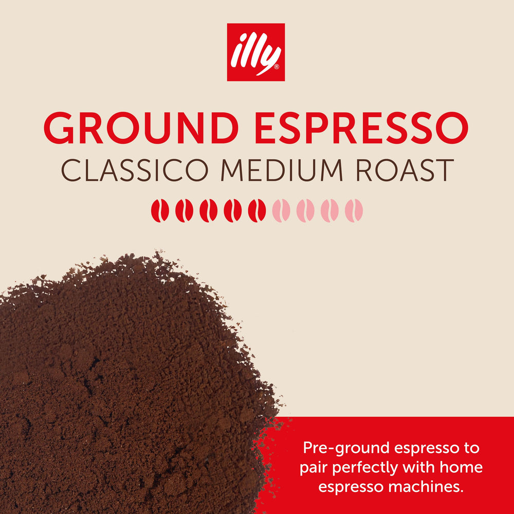 illy Ground Espresso Classico pack back notes sustainability and origins.
