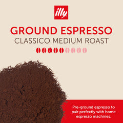 illy Ground Espresso Classico pack back notes sustainability and origins.