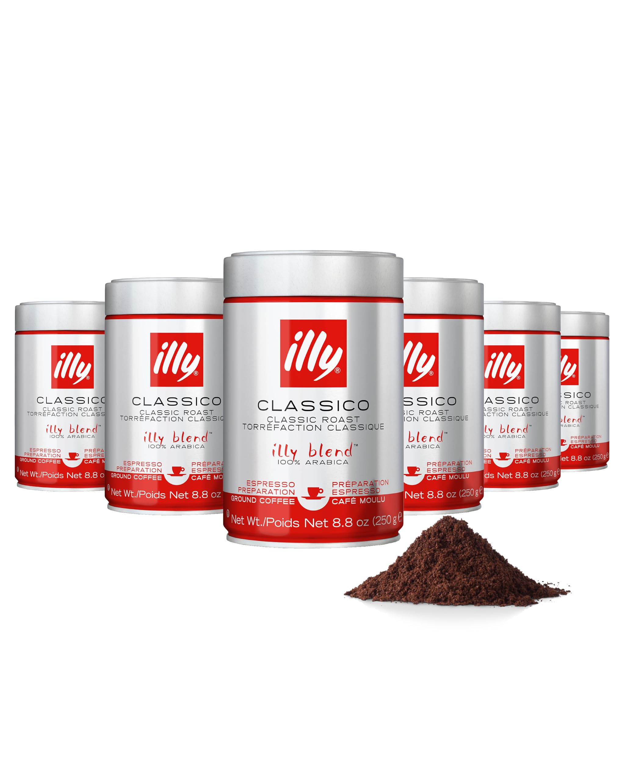 illy Ground Espresso Classico pack front preserves aroma for home brewing.