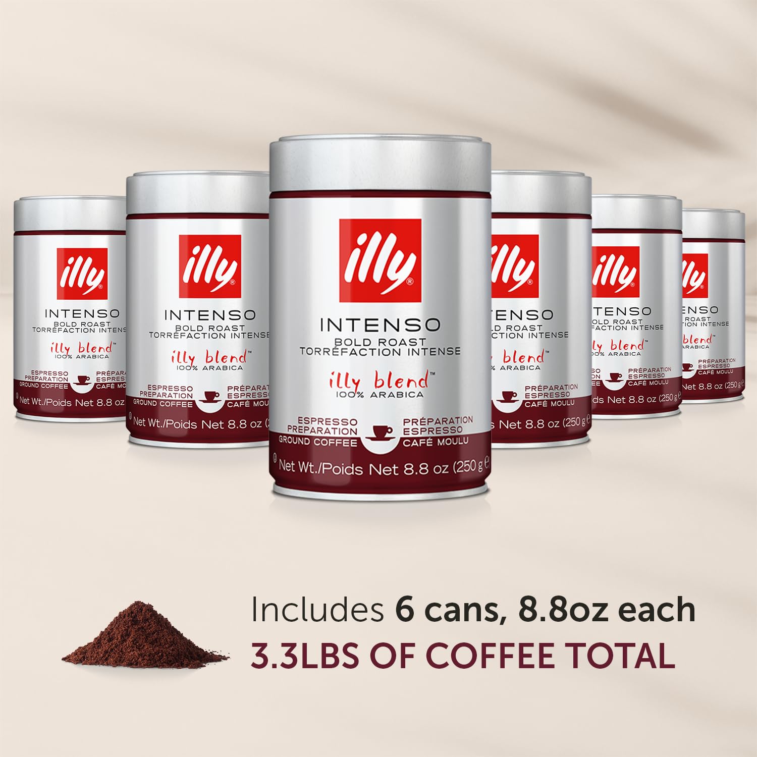 illy Ground Espresso Intenso Dark Roast coffee beans highlighting premium Arabica