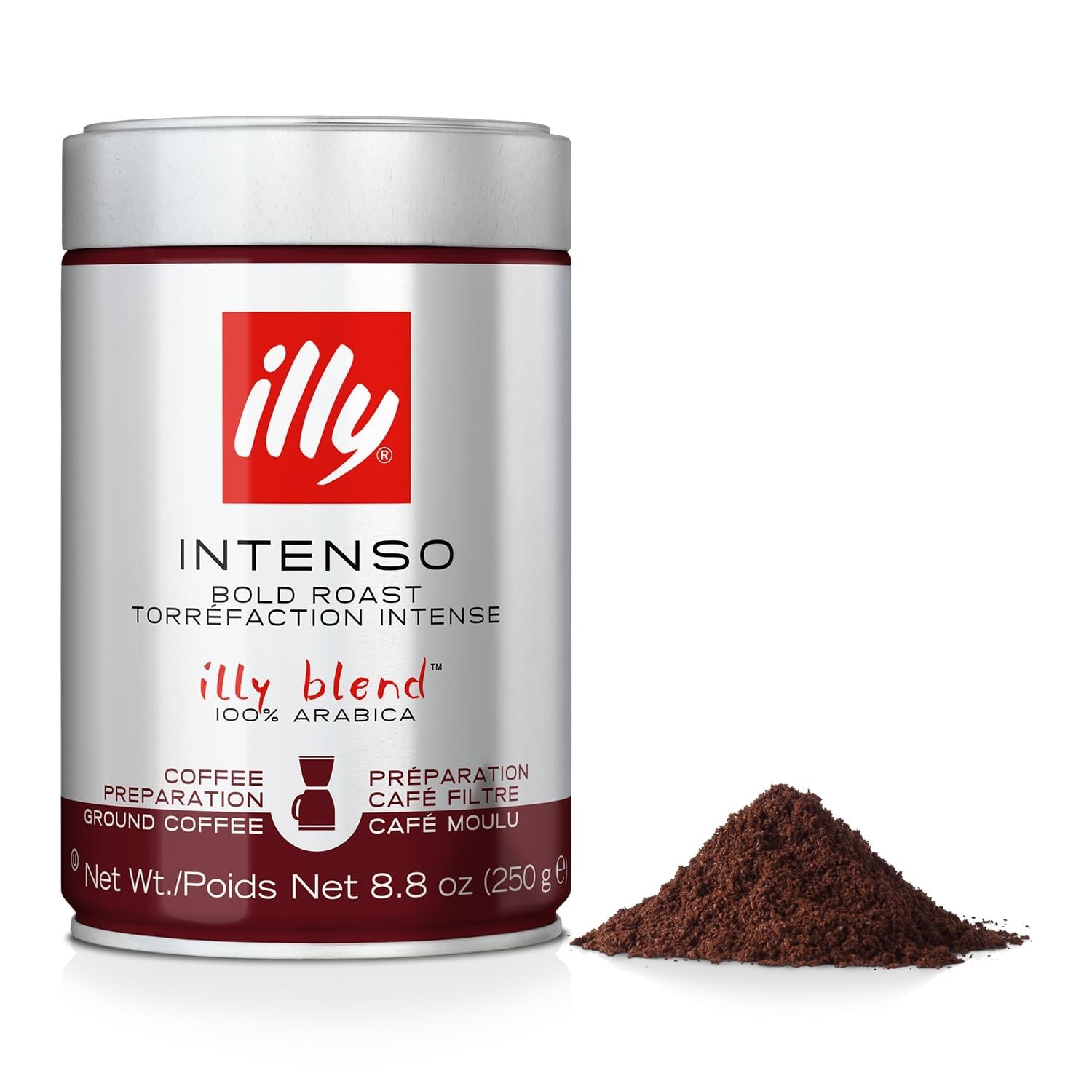 Illy Intenso ground coffee bag front shows premium Arabica beans for rich aroma.