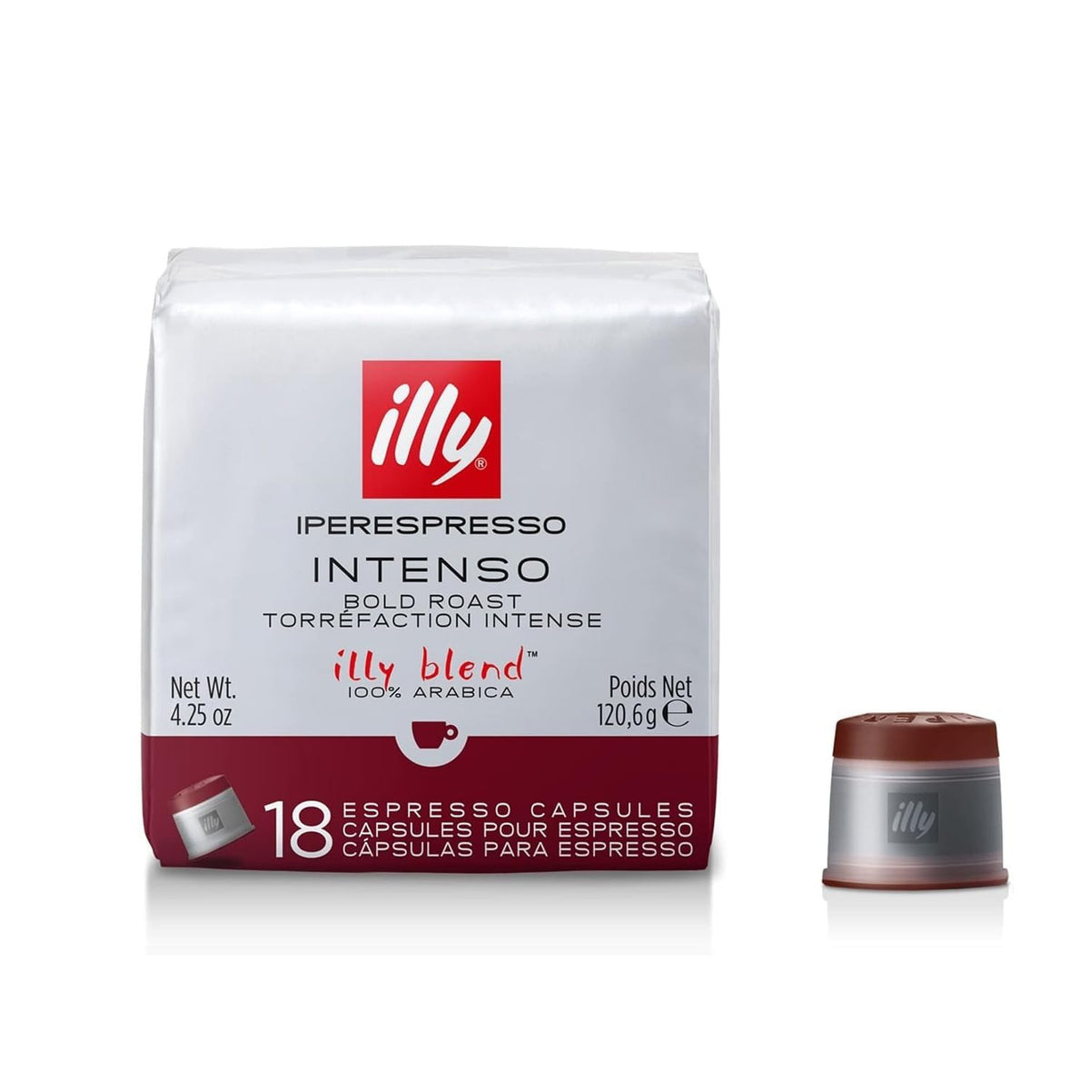 illy iperEspresso Intenso capsules in a row highlight rich dark roast aroma.