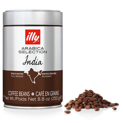 Illy whole bean India dark roast bag showing premium beans for home espresso.