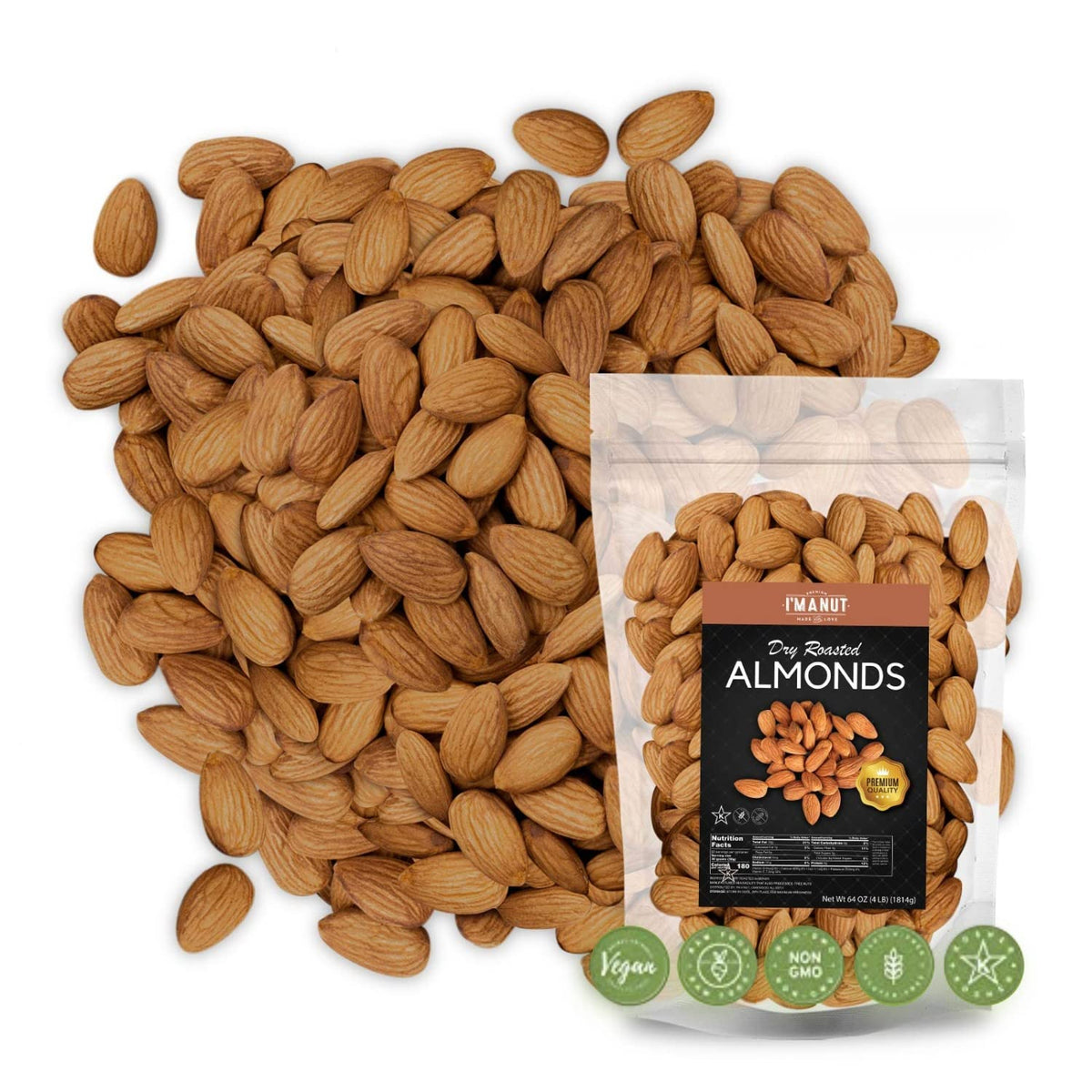 I'm A Nut dry roasted almonds unsalted in a 32 oz bag for a clean crunch.