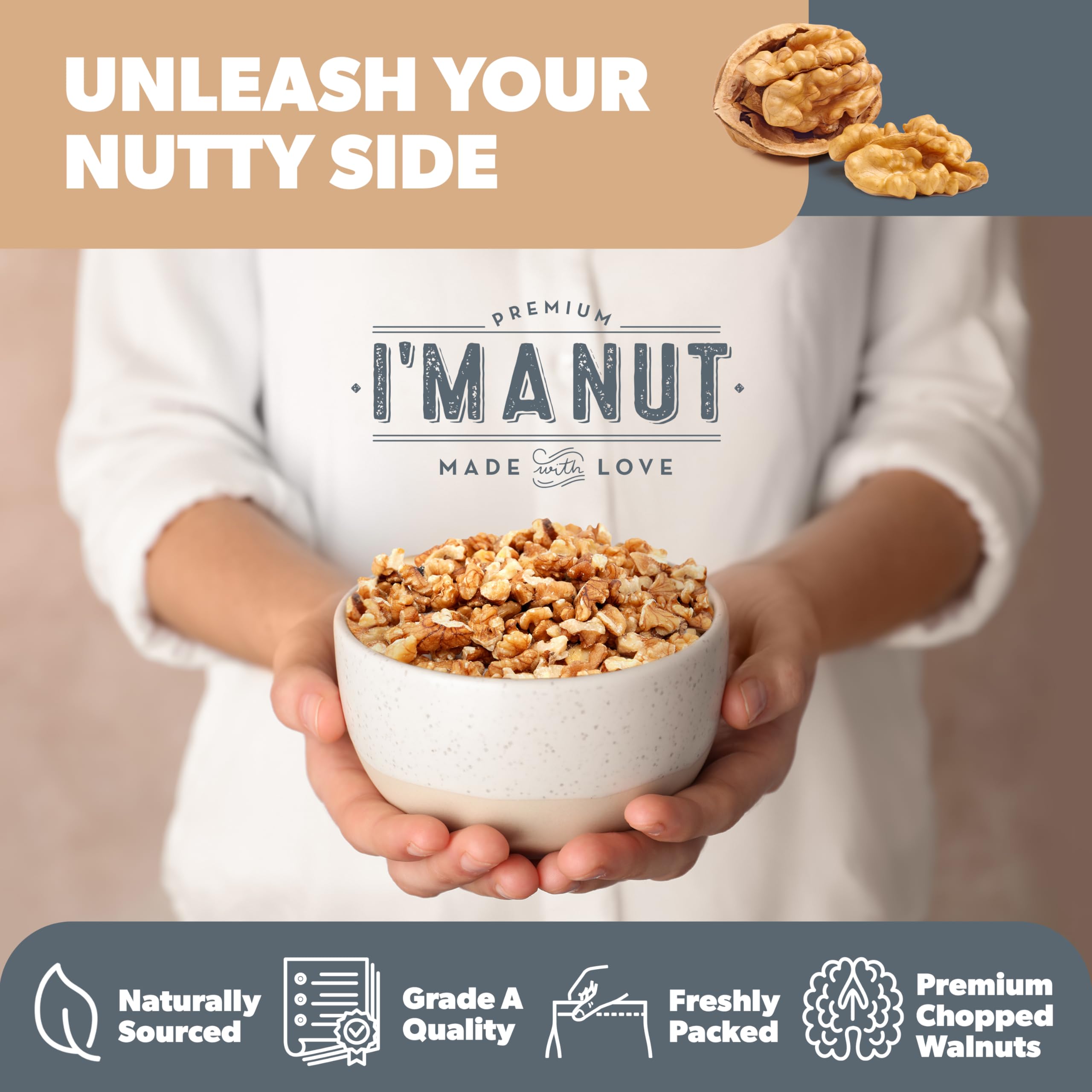 I'm A Nut ethically sourced walnuts packaging, supporting sustainable farming practices.