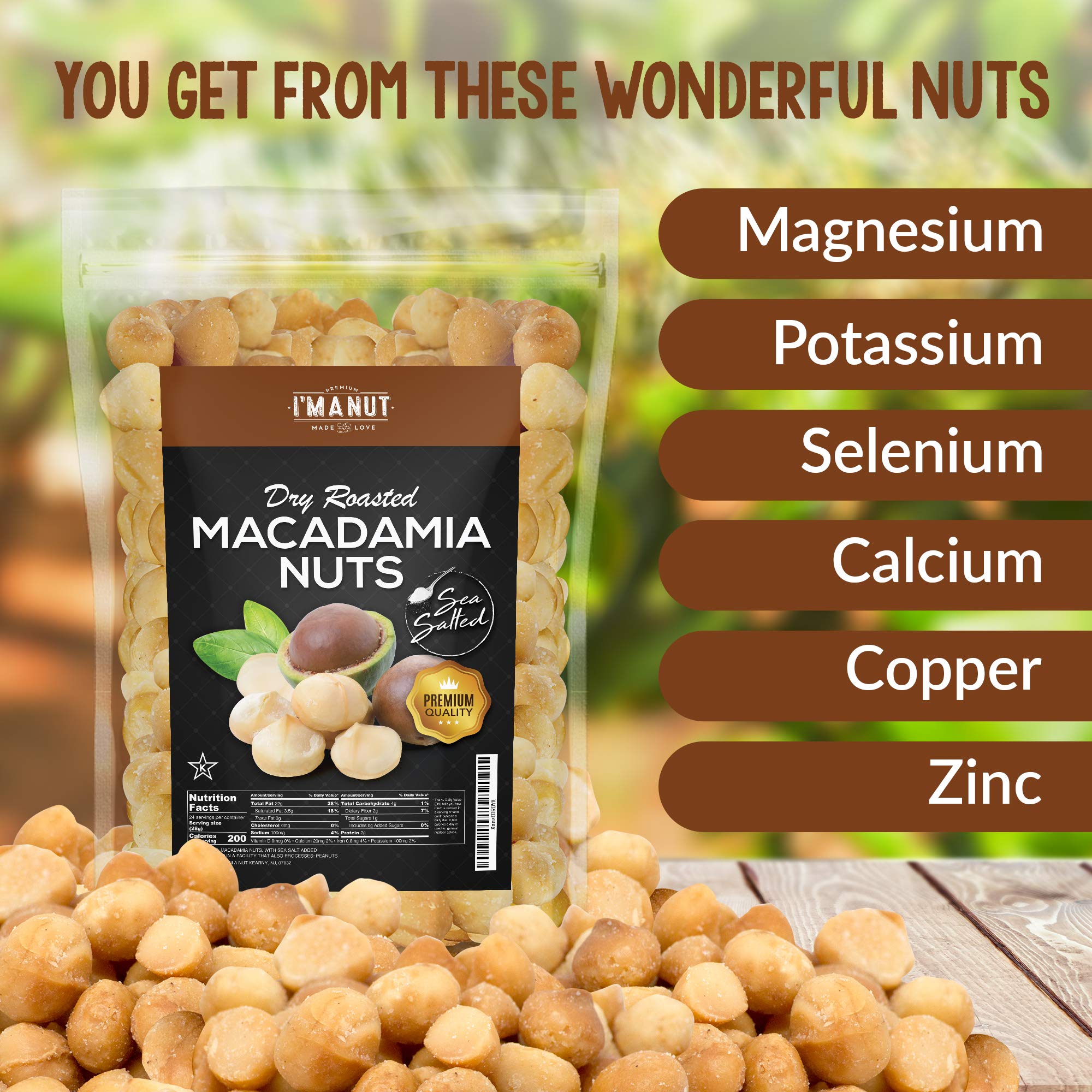 I'm A Nut macadamia nuts close-up showing creamy texture and sea salt crystals.