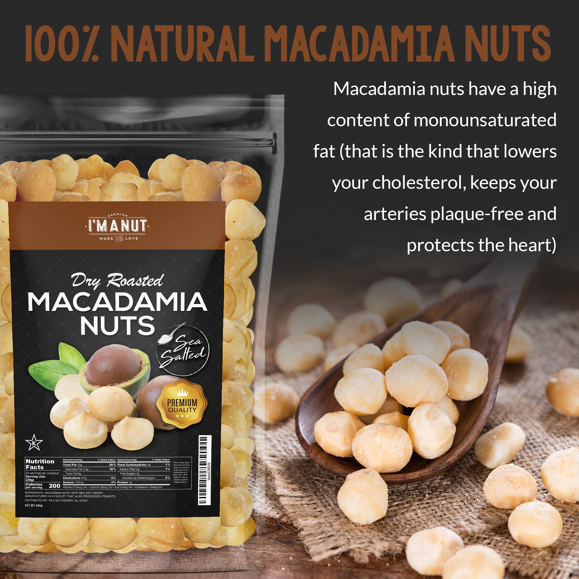 I'm A Nut macadamia nuts on a serving plate, great for toppings.