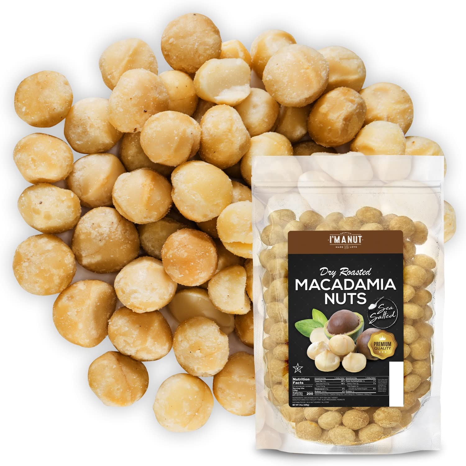 I'm A Nut oven roasted macadamia nuts with sea salt, batch-tested gluten-free.