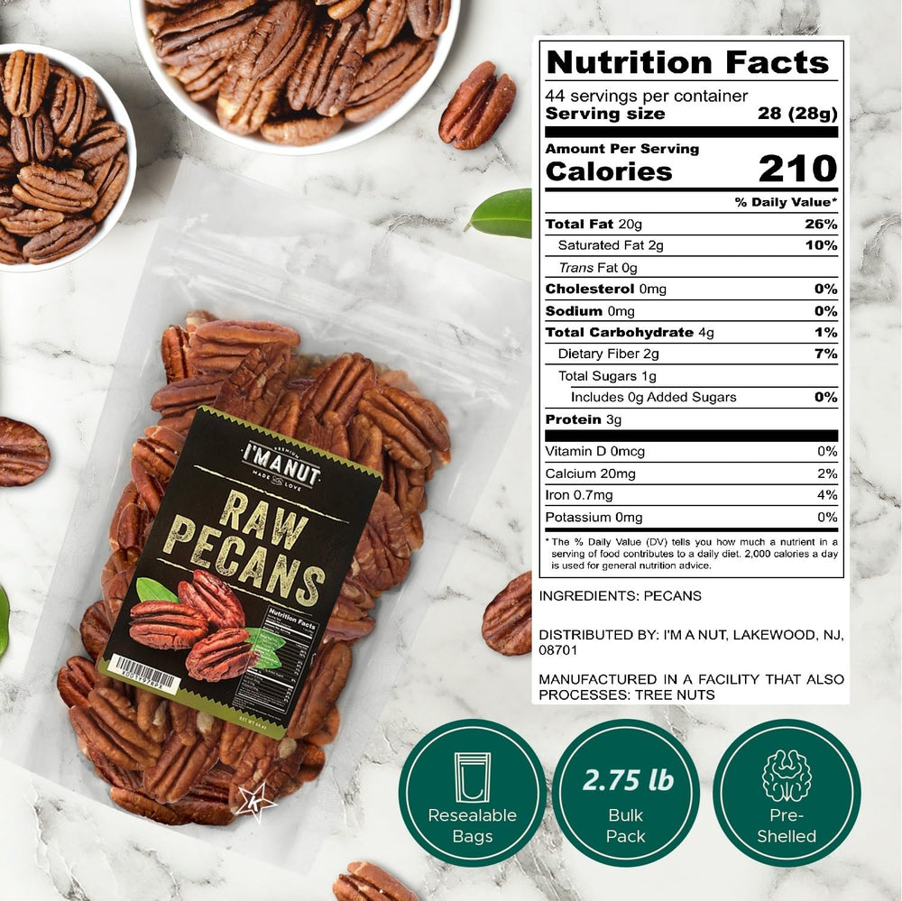 I'm A Nut pecan halves closeup, showing buttery texture ideal for baking and toppings.
