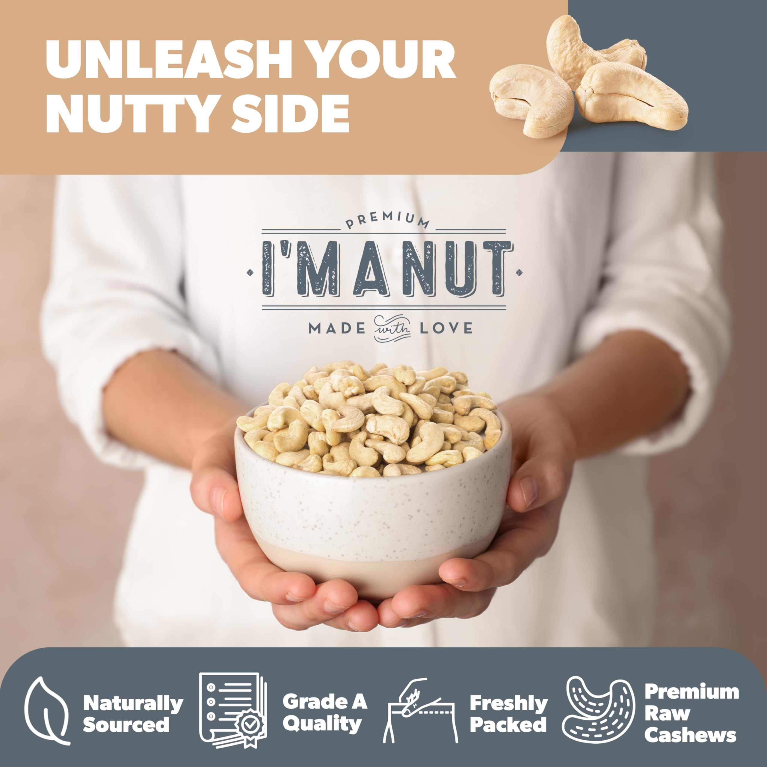 I'm A Nut cashews as a snacking option with gluten-free assurance.
