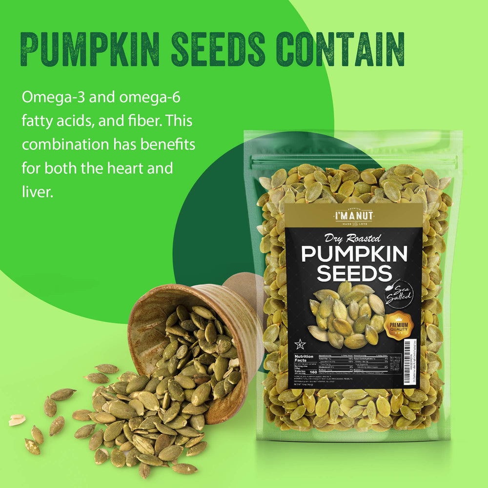 I'm A Nut pumpkin seeds on table highlight vegan and keto-friendly option.