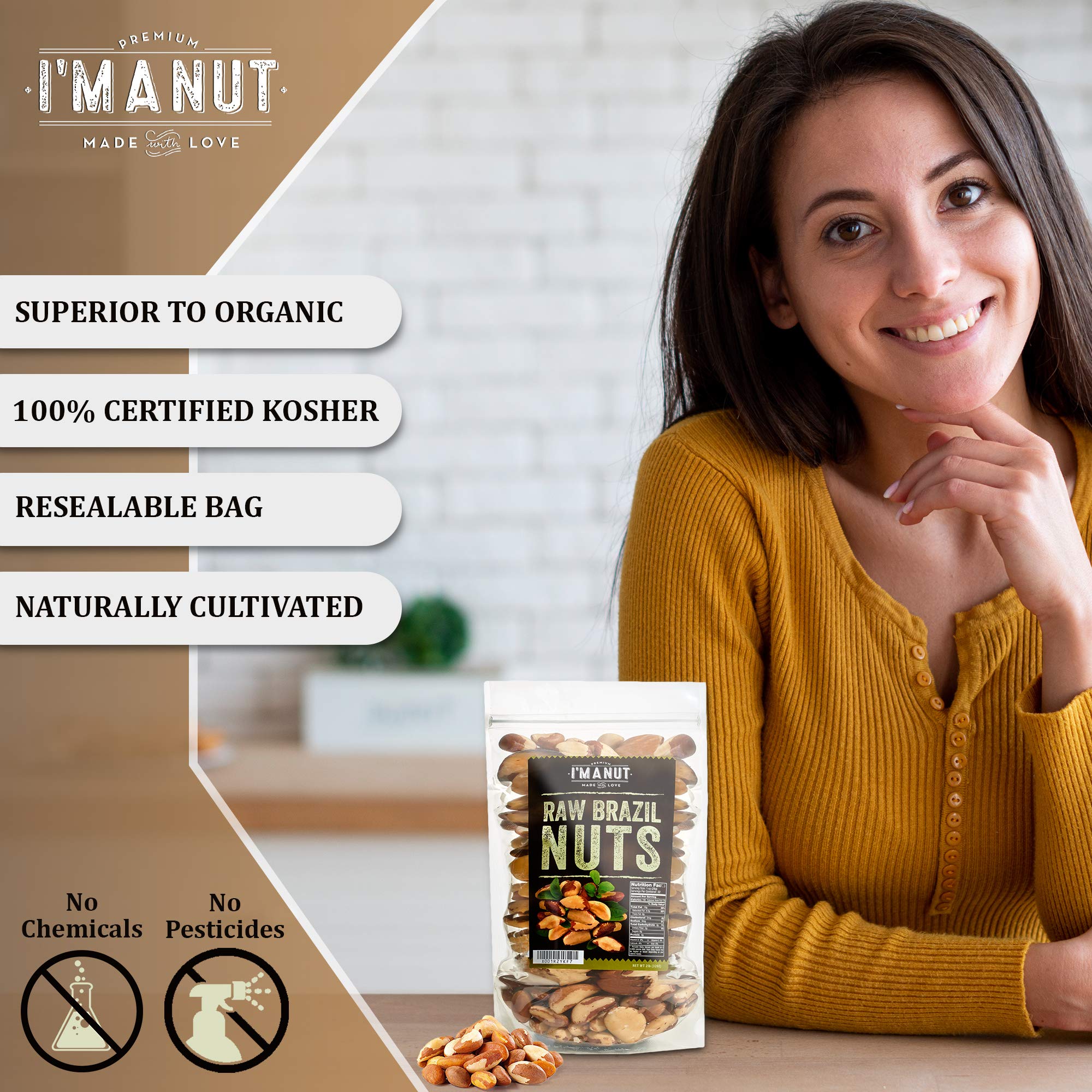 I'm A Nut raw Brazil nuts close-up showing kernels ready for baking or smoothies.