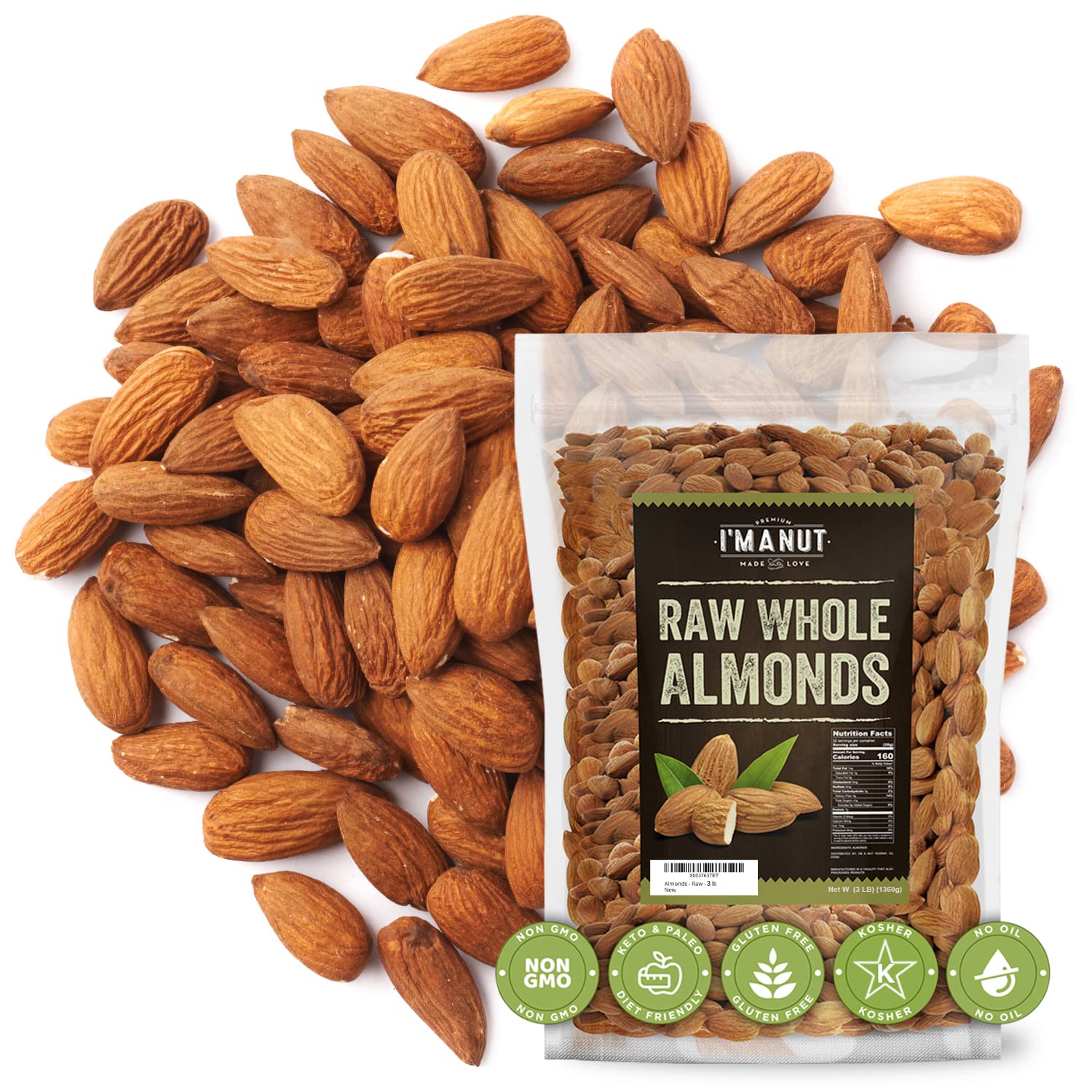 I'm A Nut raw California almonds in a 48oz bulk pouch for healthy snacking
