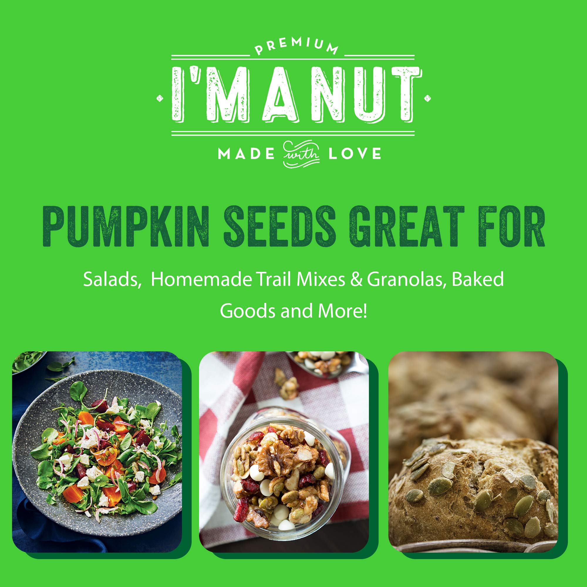 I'm A Nut raw pumpkin seeds back label shows gluten-free and non-GMO details.