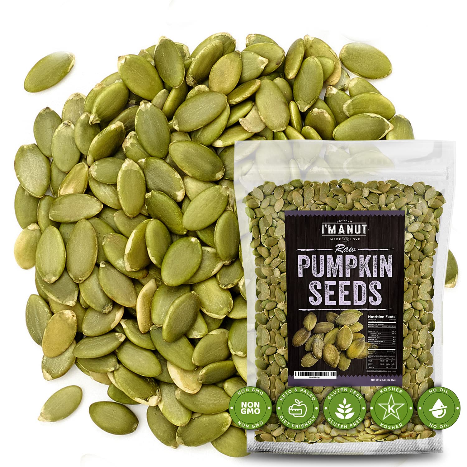 I'm A Nut raw pumpkin seeds front bag, ideal for snacking and baking.