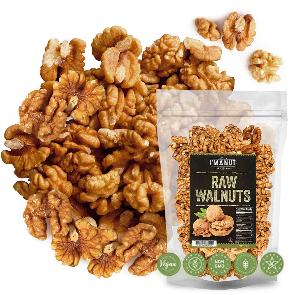 I'm A Nut premium raw walnuts halves in a pouch, ideal for fresh snacking.