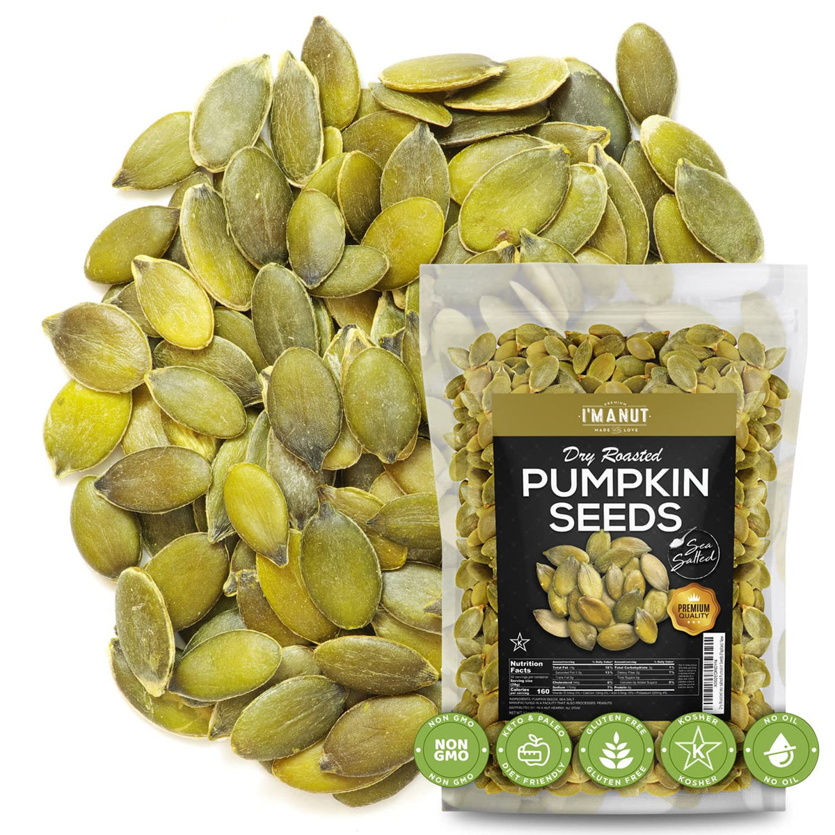 I'm A Nut pumpkin seeds bag front showing sea salt for snacking
