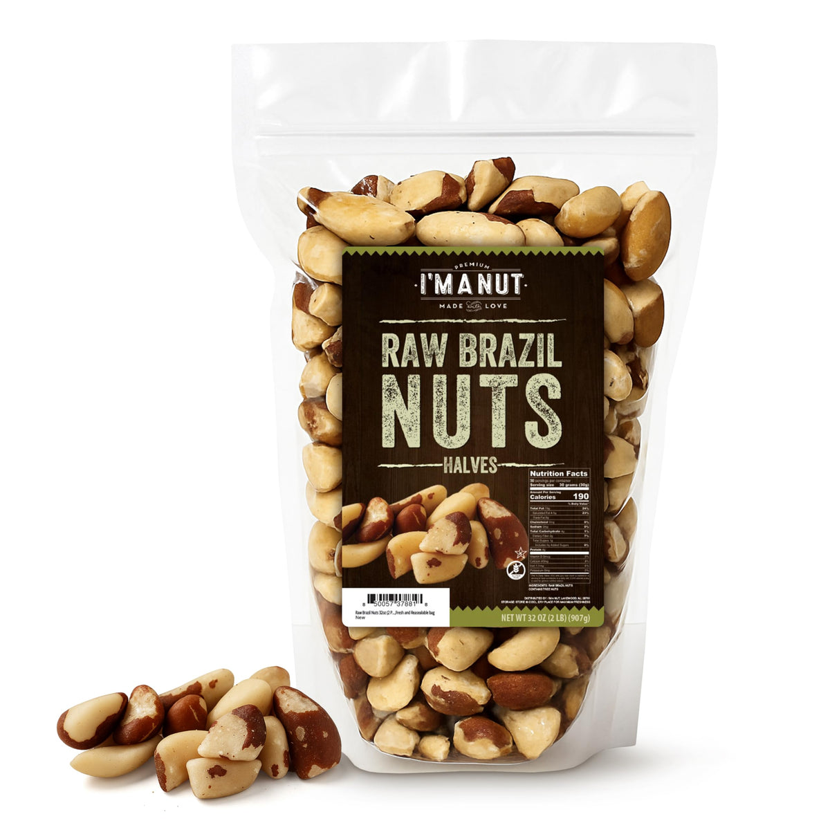 I'm A Nut raw Brazil nuts in a bag for convenient, protein-packed snacking.
