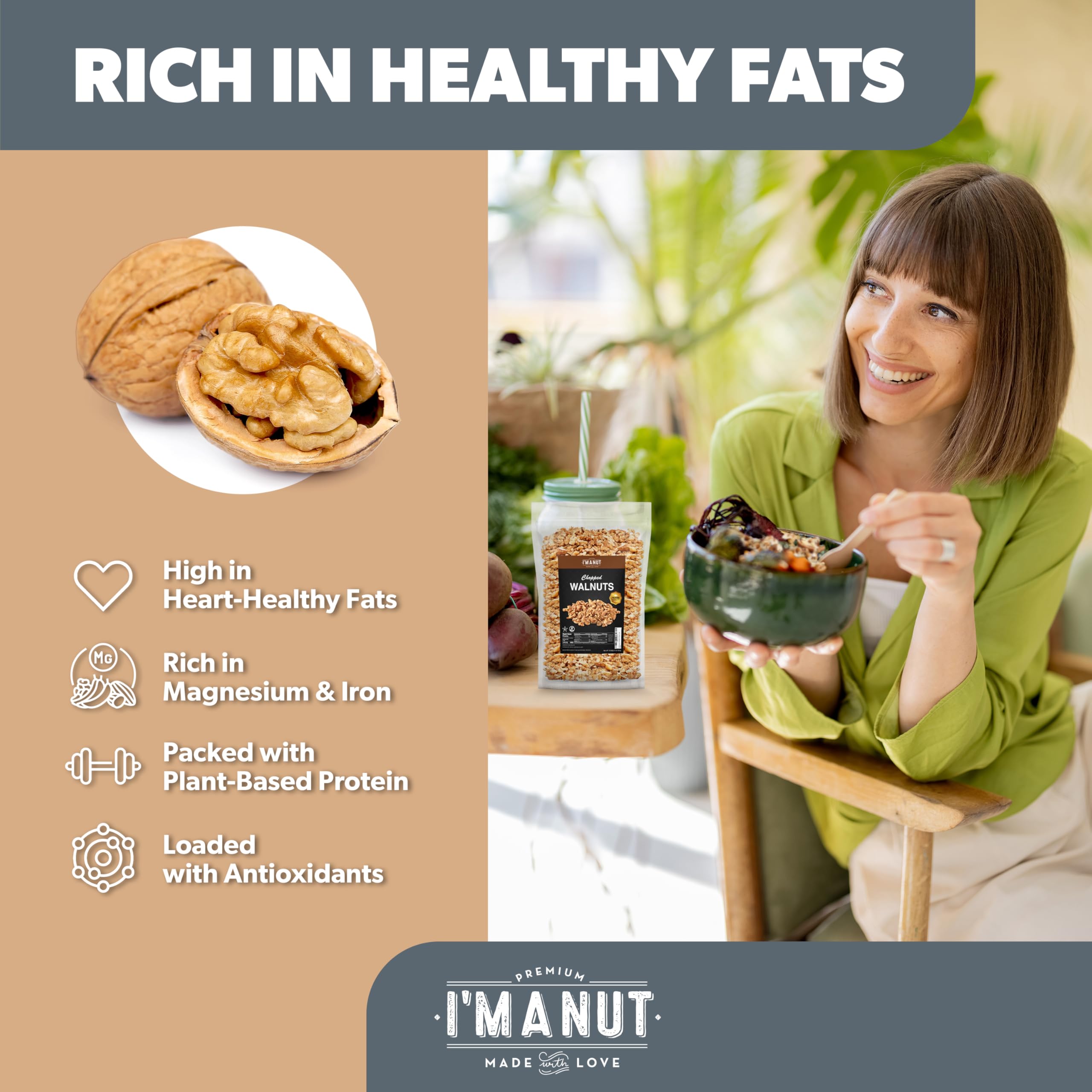 I'm A Nut walnut pieces 16oz bulk pack, great for baking and cooking.