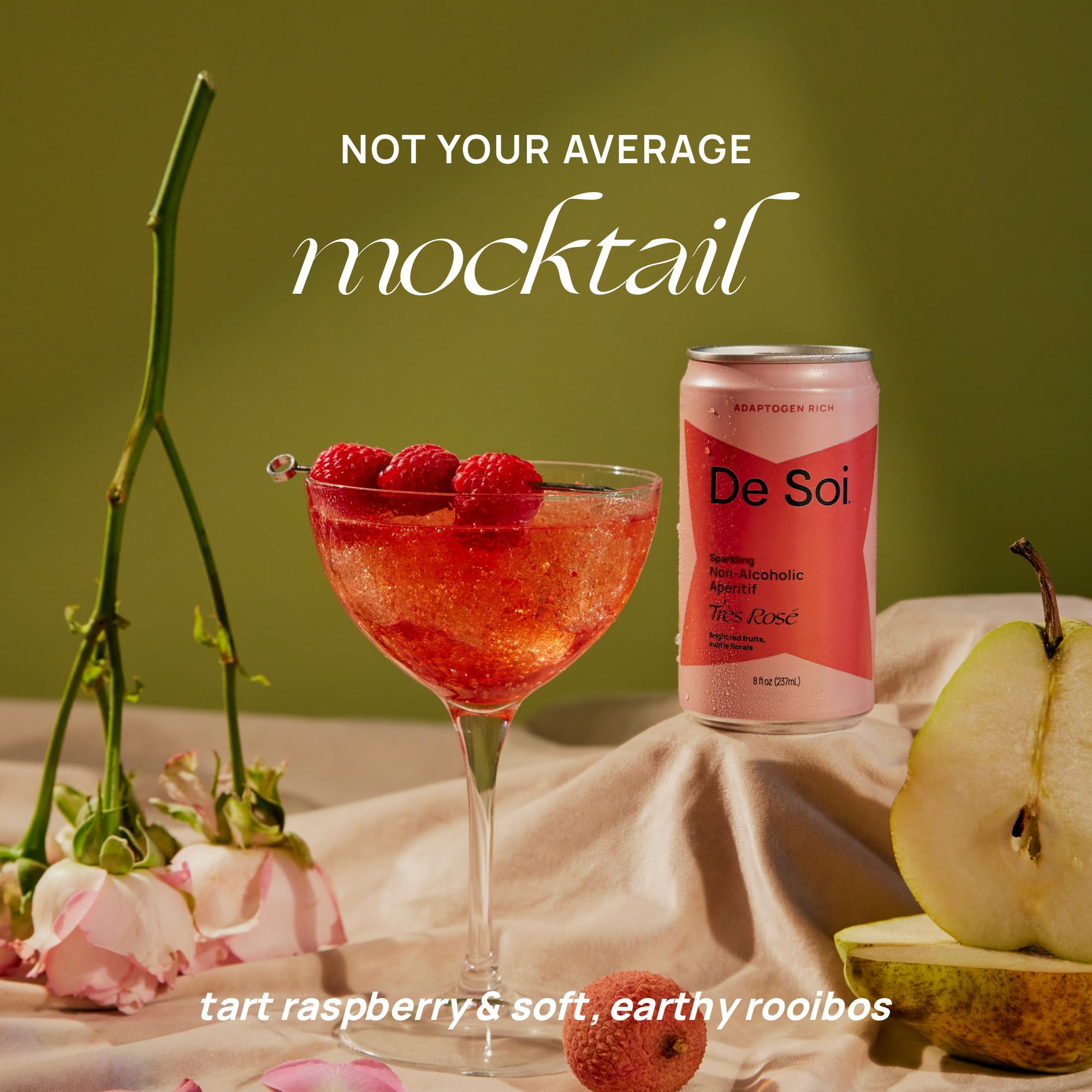 De Soi Tres Rosé glass with raspberries illustrates a ready-to-serve mocktail moment for entertaining.