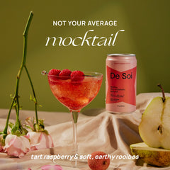 De Soi Tres Rosé glass with raspberries illustrates a ready-to-serve mocktail moment for entertaining.