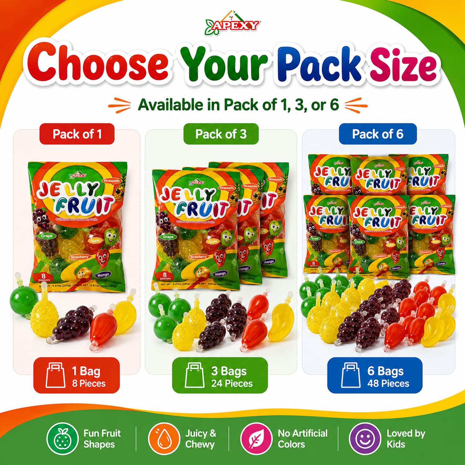 Apexy Jelly Fruit Assorted Jelly Snacks – Strawberry, Mango, Apple, Pineapple & Grape (9.87 oz)
