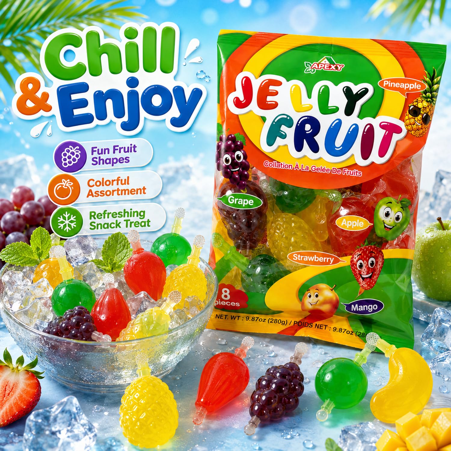 Apexy Jelly Fruit Assorted Jelly Snacks – Strawberry, Mango, Apple, Pineapple & Grape (9.87 oz)