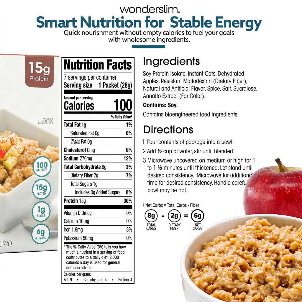 WonderSlim Instant Protein Oatmeal – Apple & Cinnamon, Gluten Free, Low Carb (7 ct)