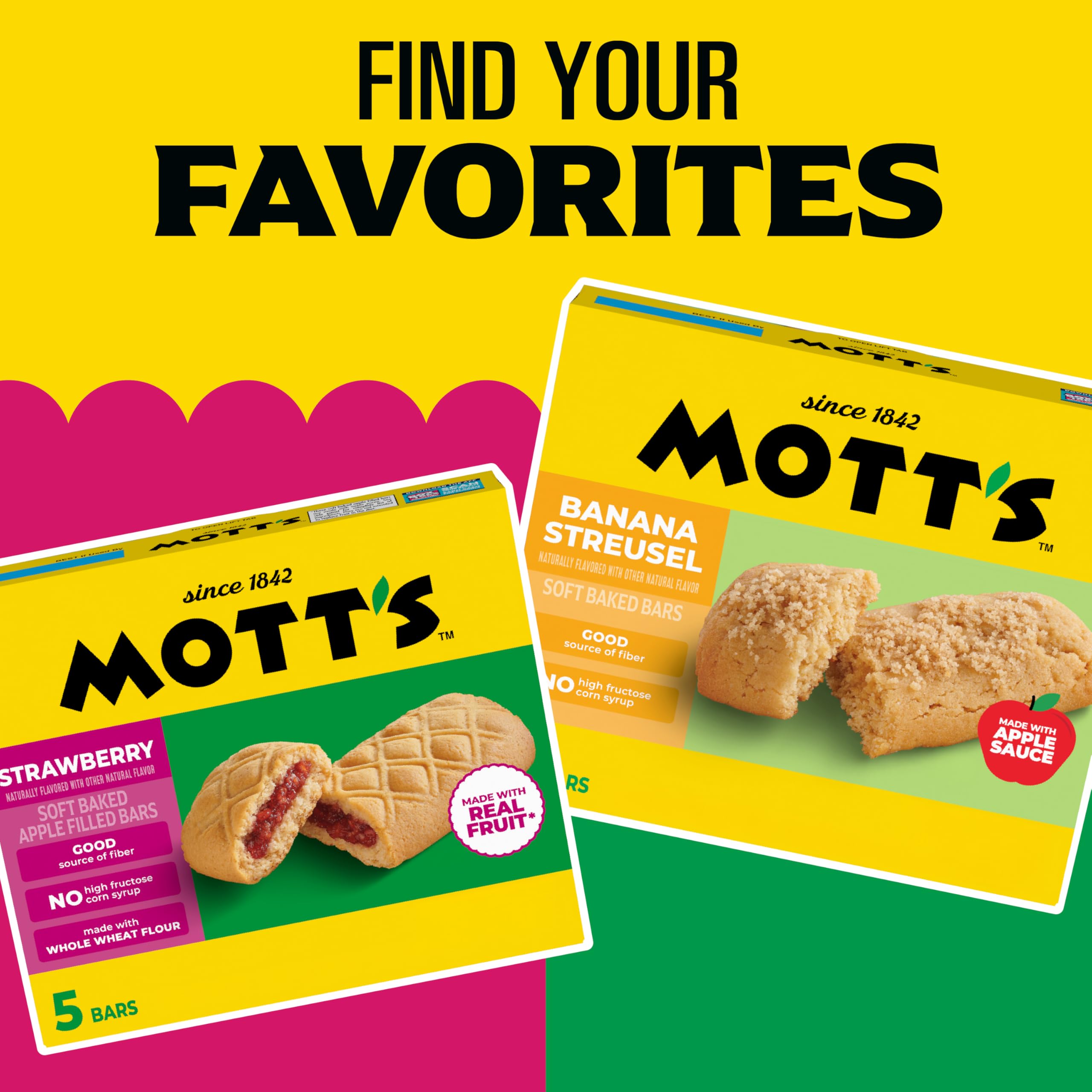 Mott's Soft Baked Apple Filled Bars – Real Fruit Apple Flavor Snacks, 5 Ct, 6.55 oz