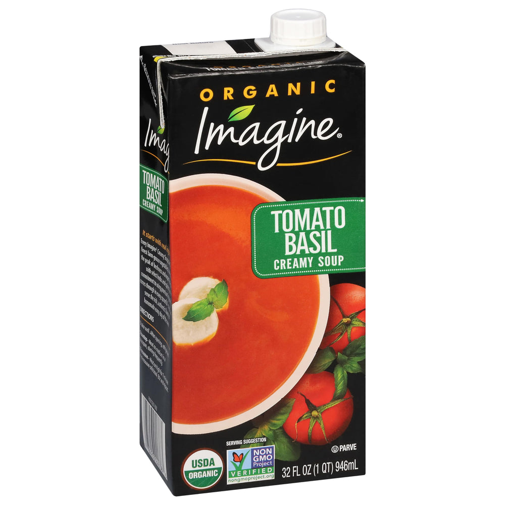 Imagine Organic Creamy Tomato Basil Soup with fresh basil garnish emphasizes freshness