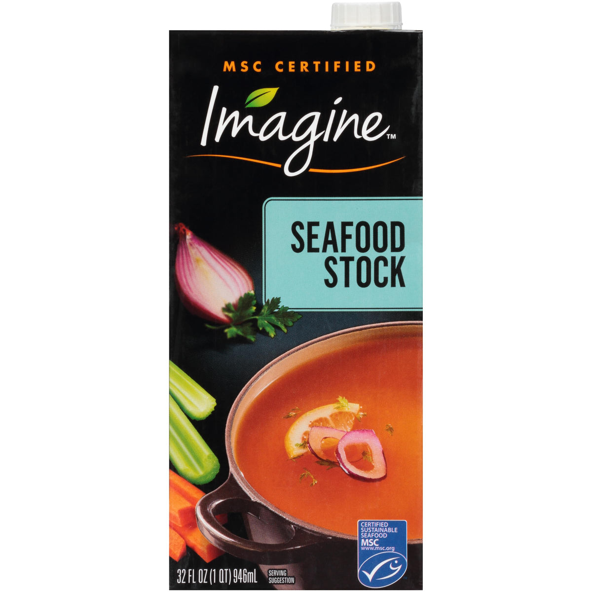 Imagine Foods seafood stock bottle with rich color, perfect base for seafood dishes.