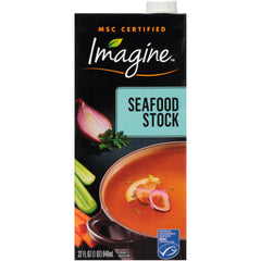Imagine Foods seafood stock bottle with rich color, perfect base for seafood dishes.
