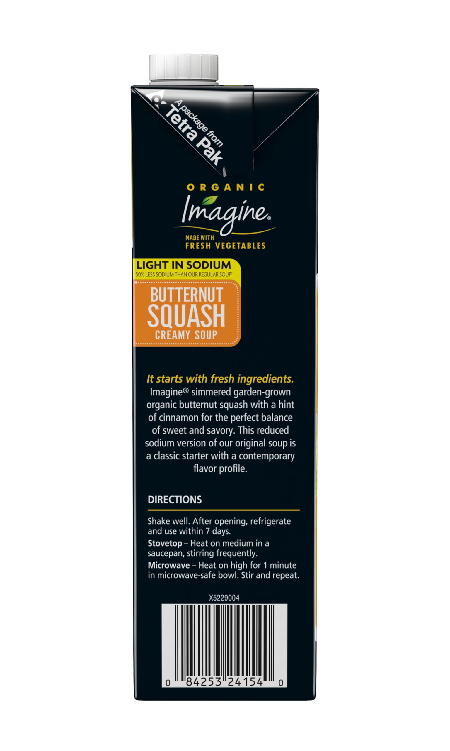 Kosher and vegan certified label on Imagine soup carton emphasizing organic ingredients.