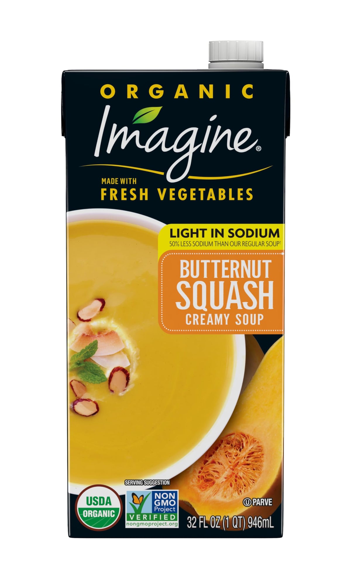 Imagine Light in Sodium creamy butternut squash soup bottle showing rich texture and color, ready to heat.