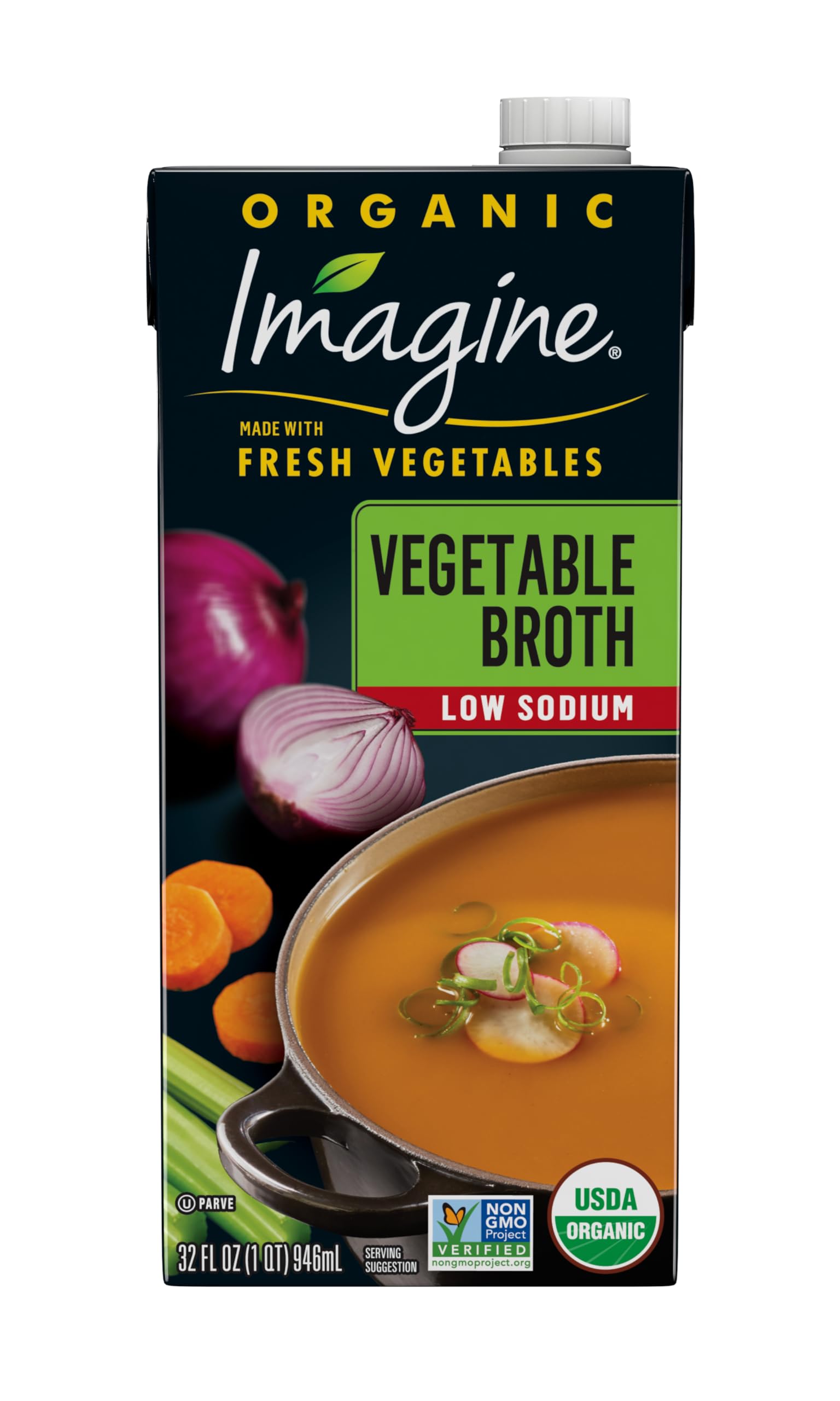 Imagine Low Sodium Organic Vegetable Broth bottle for lighter, flavorful soups