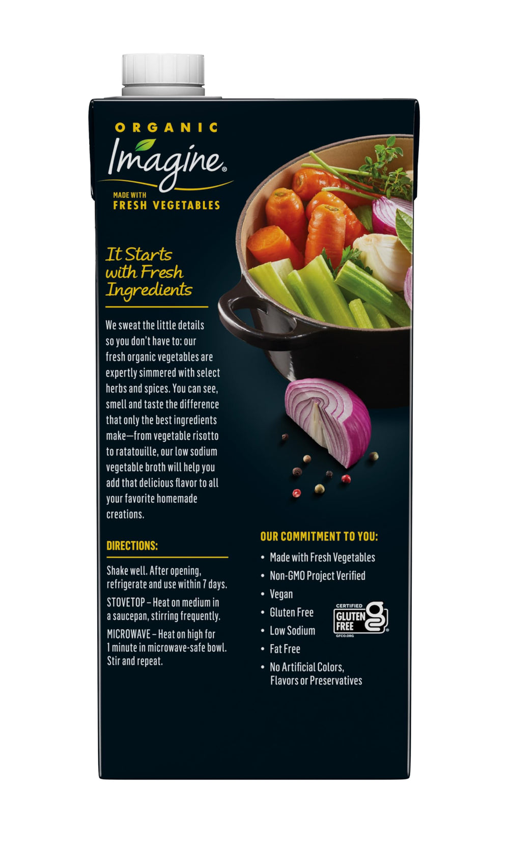 Imagine Low Sodium Organic Vegetable Broth packaging on kitchen shelf
