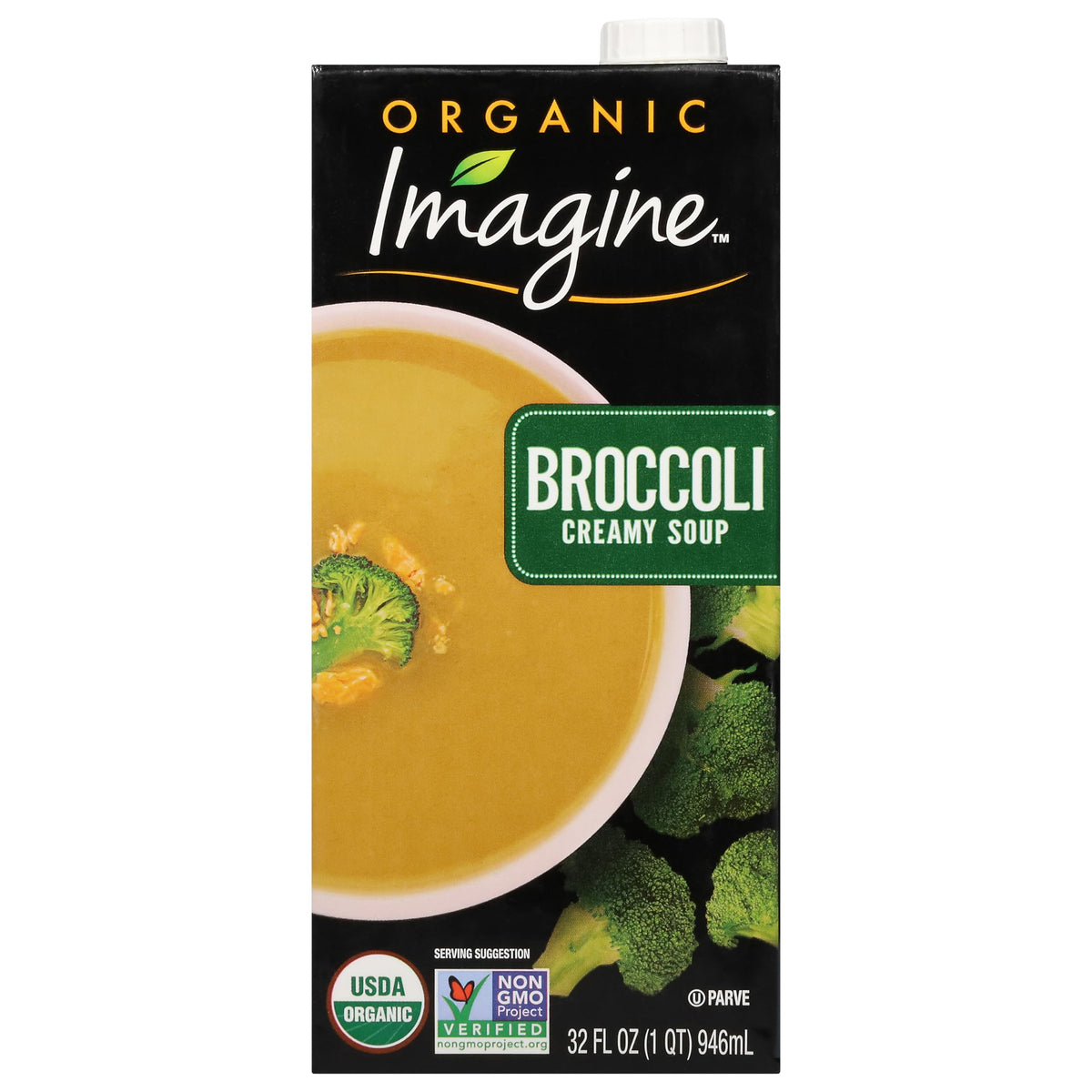 Imagine Organic Creamy Broccoli Soup carton front view, ideal for quick family dinners.
