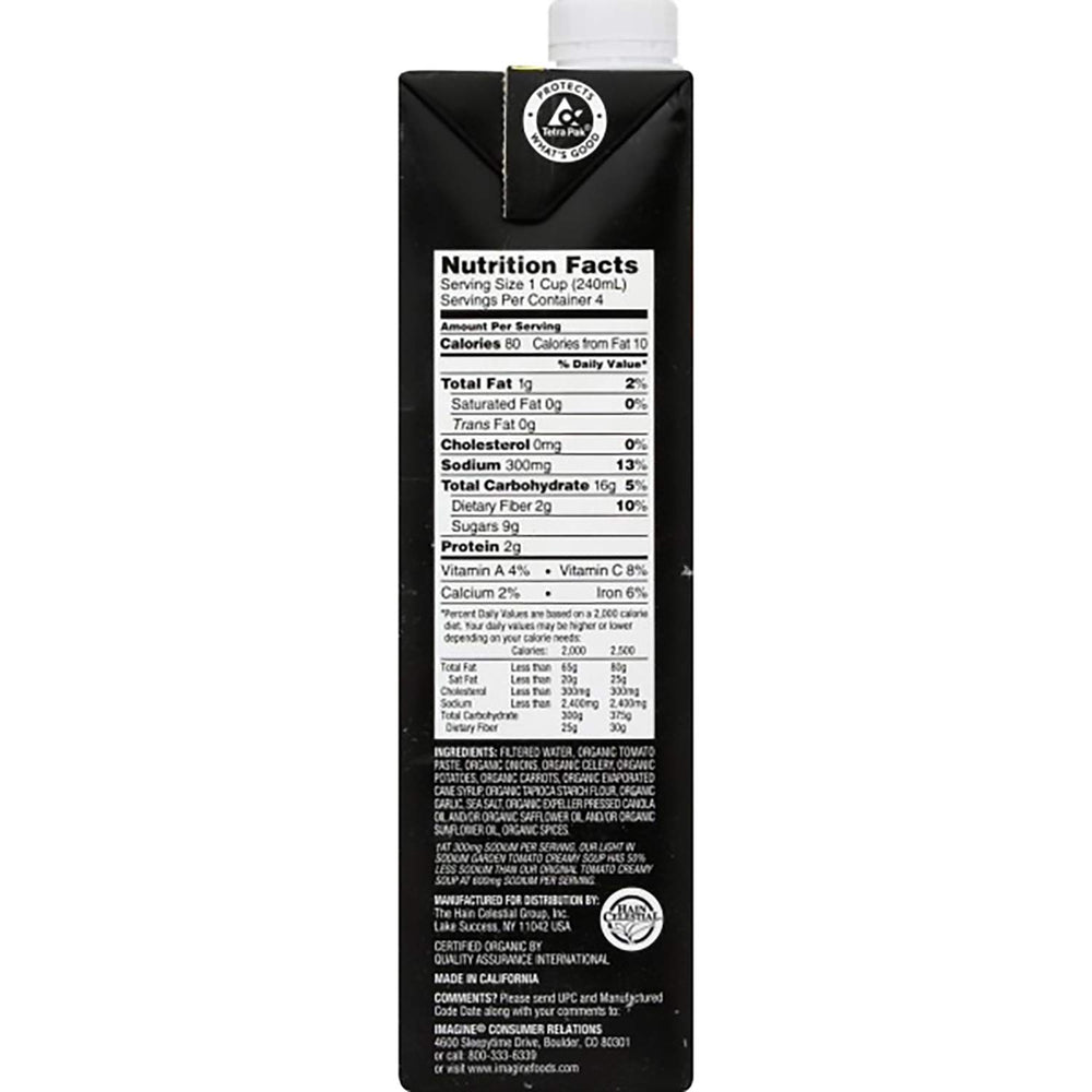 Imagine Organic Creamy Light Sodium Garden Tomato Soup carton ready to heat