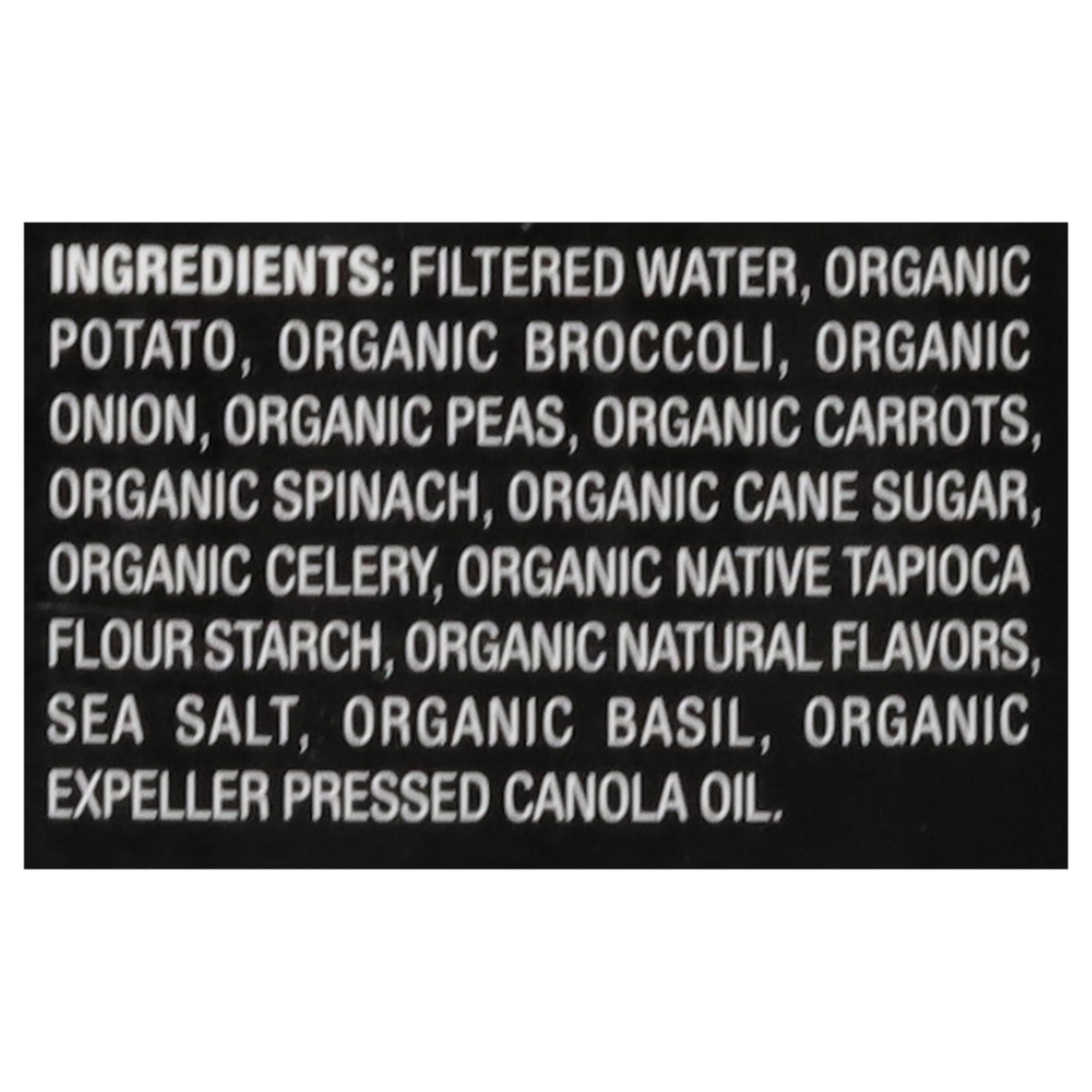 Imagine Organic Creamy Super Greens Soup ingredients featuring fiber-rich broccoli, spinach, peas.