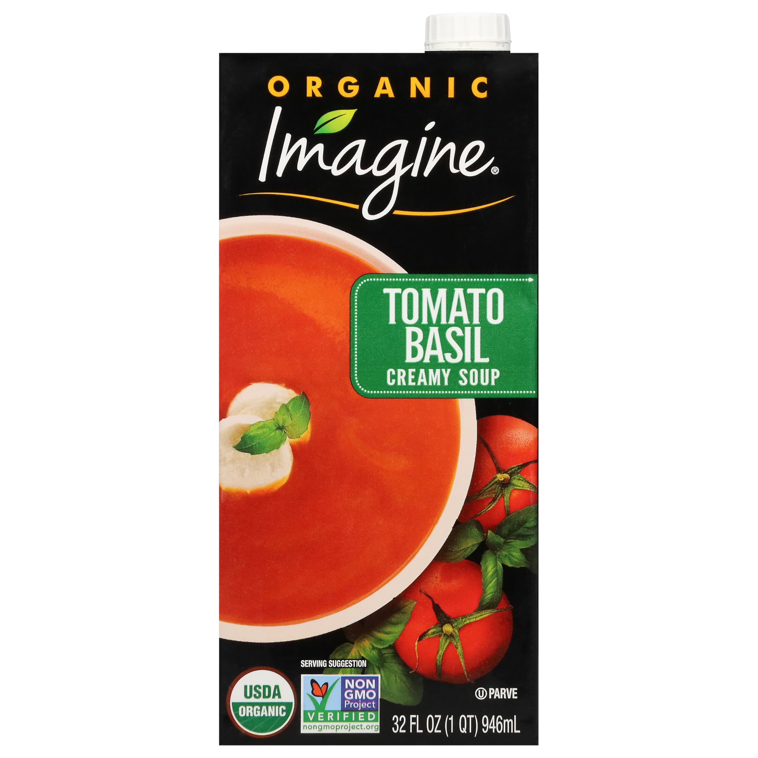 Imagine Organic Creamy Tomato Basil Soup bowl shows rich flavor for cozy meals