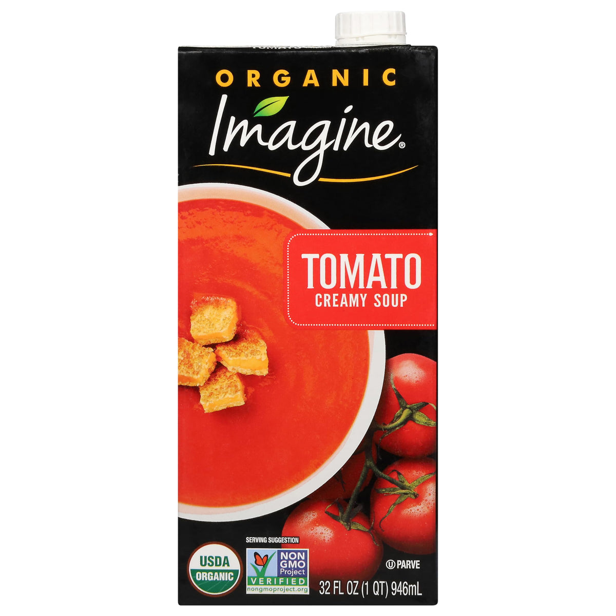 Imagine Organic Creamy Tomato Soup 32 oz front view showing vibrant soup.