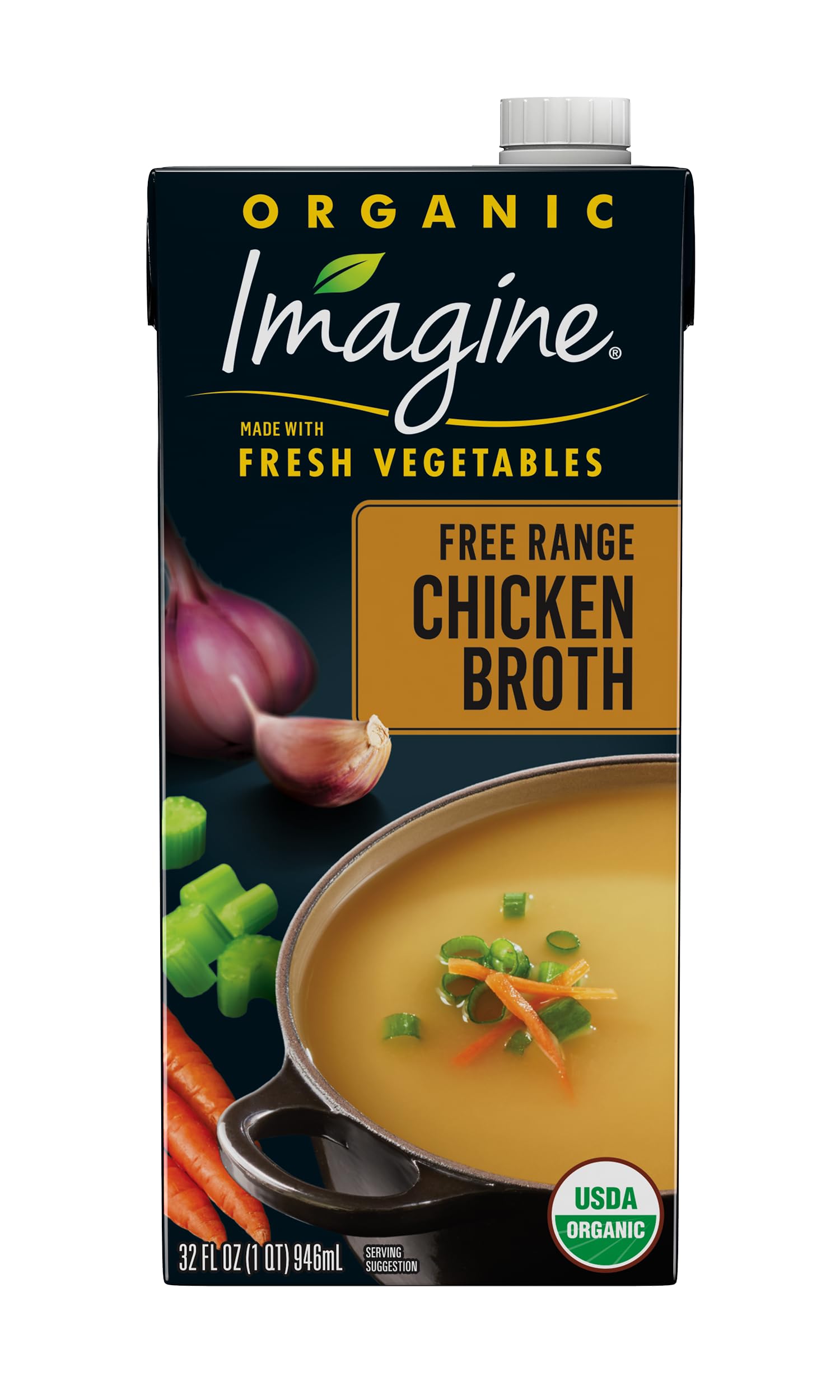 Imagine Organic Free Range Chicken Broth carton shows gluten-free base for hearty soups.