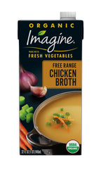 Imagine Organic Free Range Chicken Broth carton shows gluten-free base for hearty soups.